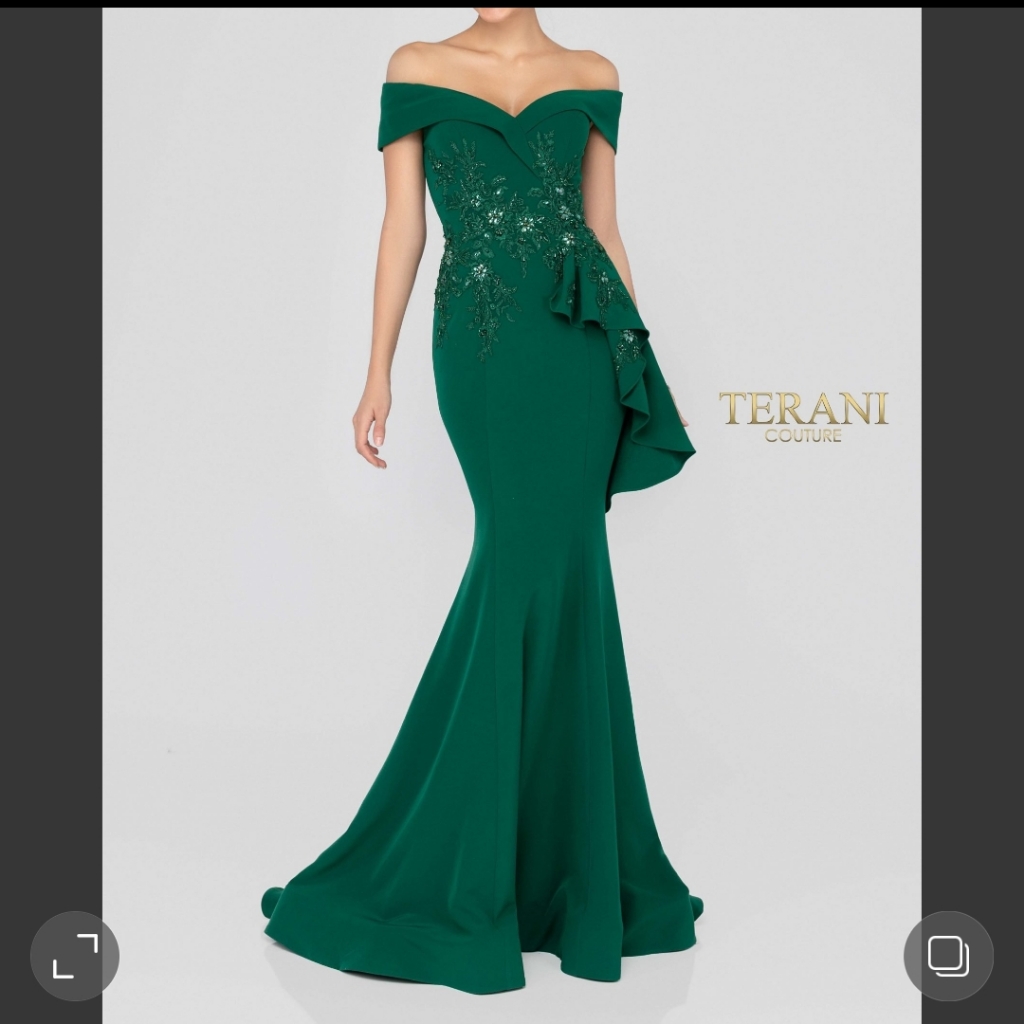 Terani Couture Green Off-Shoulder Evening Gown
